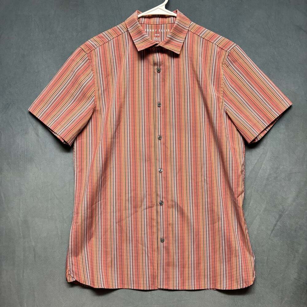 Perry Ellis Short Sleeve Button Down Shirt Size M Red Striped Slim Fit